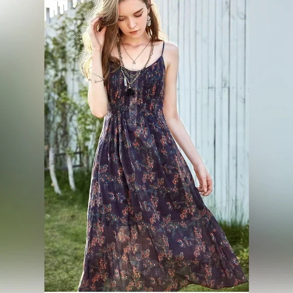 NWT - Women's Boho Floral Spaghetti Strap Maxi Dress - Dark Purple - Picture 3 of 5